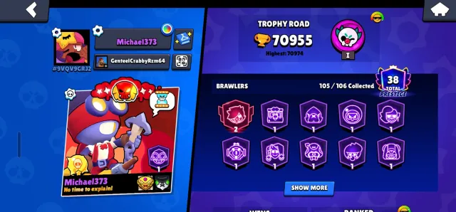 🏆 BRAWL STARS ACCOUNT | 70,955 CUPS | 5x LEGENDARY RANK | 40 MAX BRAWLERS | 105/106, 70955 cups, 105 brawlers, 38 primes
