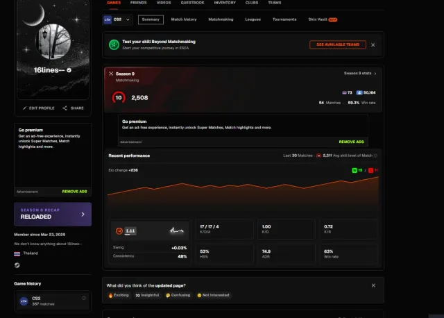 🖤 FACEIT 10 LVL + PRIME 🖤 2508 ELO 🖤 357 MATCHES 2025 REG 🖤 VERIFIED 🖤 NATIVE MAIL 🖤 3 MEDALS, Sale, Inventory empty, Has PRIME, FACEIT, 2508 ELO, Registered: Yes