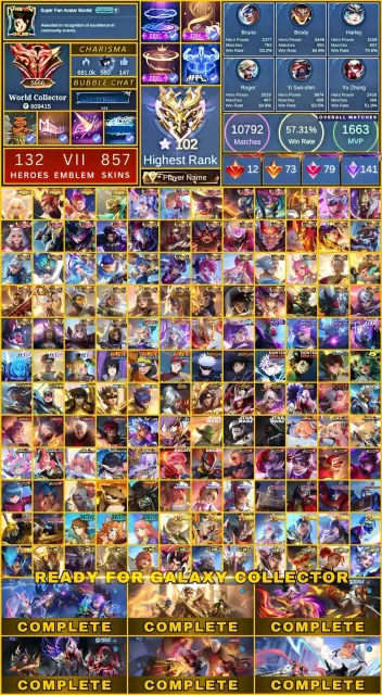 World Collector 609k + Collection point, Secure Galaxy Collector Next Update, Sale, Rank: Mythical Immortal, Level: 126, Win rate: 53%, Heroes: 132, Skins: 857