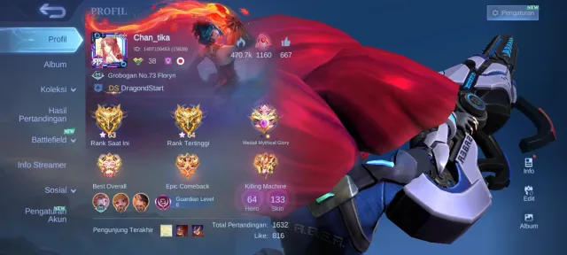 imba account, cheap, Sale, Rank: Mythical, Level: 38, Win rate: 59%, Heroes: 66, Skins: 138
