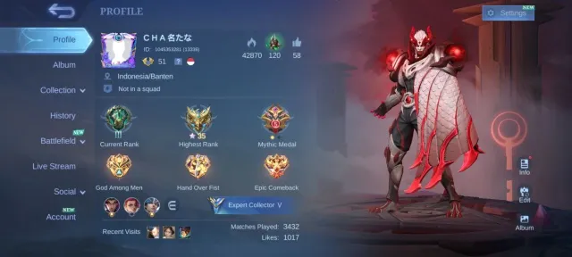 🔥Collector YUZHONG KOF Karina EPIC lunox EPIC Zilong pegasus badang venom dyrotth M4 bertix, Sale, Rank: Mythic, Level: 51, Winrate: 50%, Heroes: 80, Skins: 105