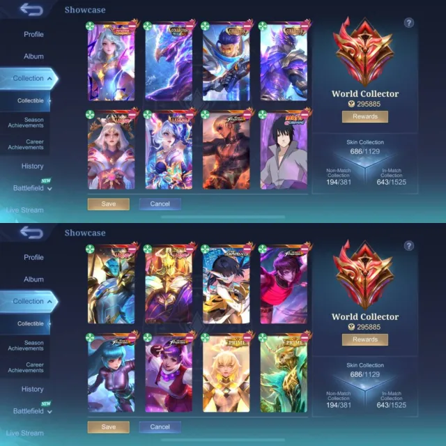 WORLD OF CALL 300K POINTS 4 LEGENDARIES LEILA 4 KOFA NARUTO SUE ZENIT 3 ASPIRANTS3 COLLS, Sale, Rank: Epic, Level: 148, Winrate: 56%, Heroes: 133, Skins: 686