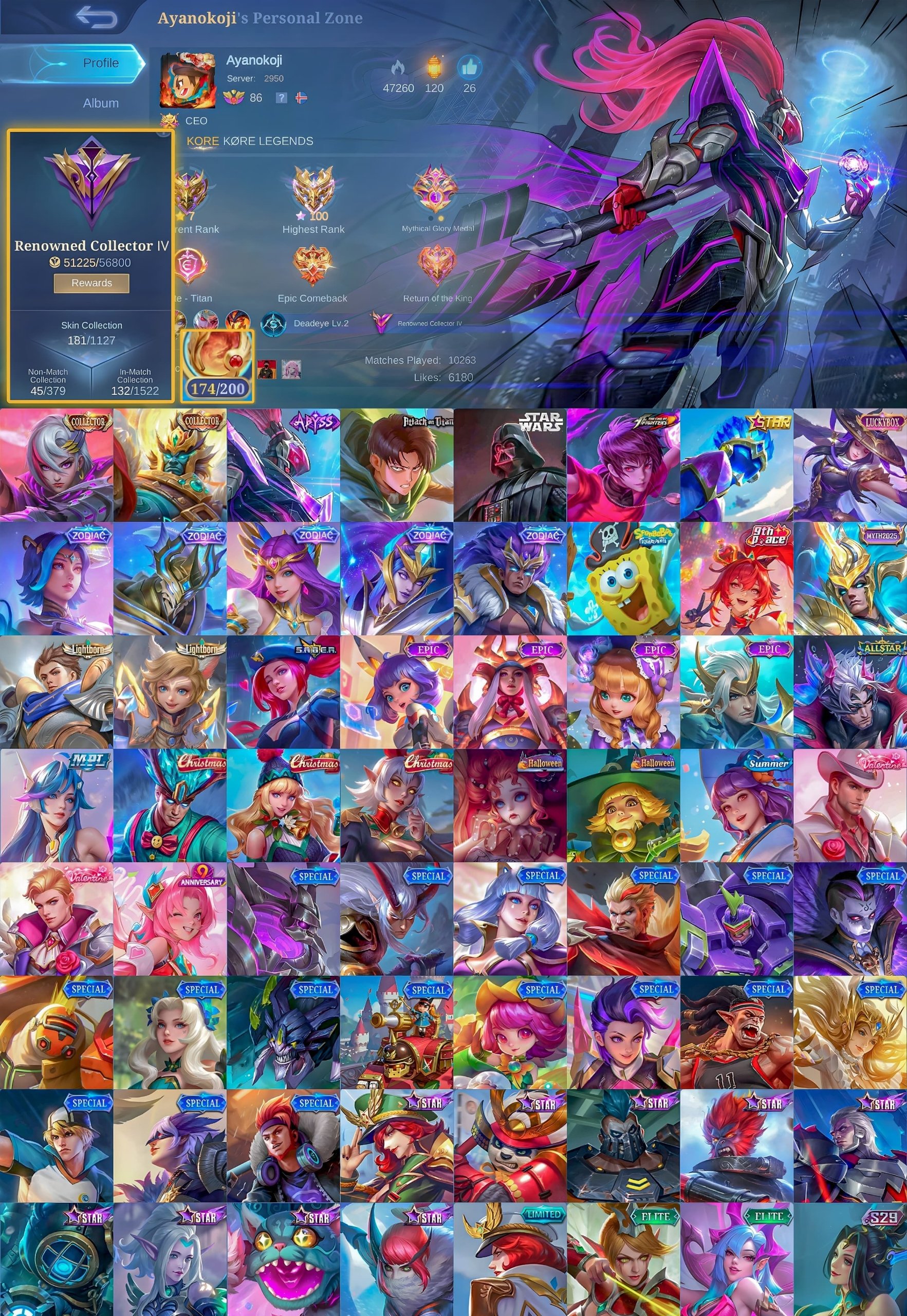 🔥 Collector Balmont Benedetta, Abis Alpha, Starwars Argus, Aot Martis, Sale, Rank: Mythical Immortal, Level: 86, Winrate: 52%, Heroes: 133, Skins: 181