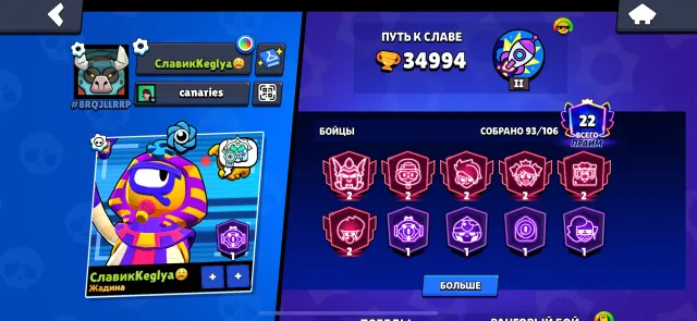 👅Very good account in Brawl Stars👅, 34994 trophies, 93 brawlers, 22 primes