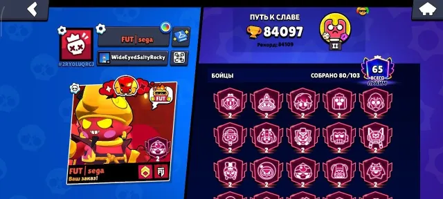 Перепривязка 🌈. 84.000. 24 вторых праймов. 80/102, 84097 кубков, 80 бравлеров, 65 праймов