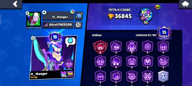 Brawl Stars account, 36845 trophies, 87 brawlers, 15 primes