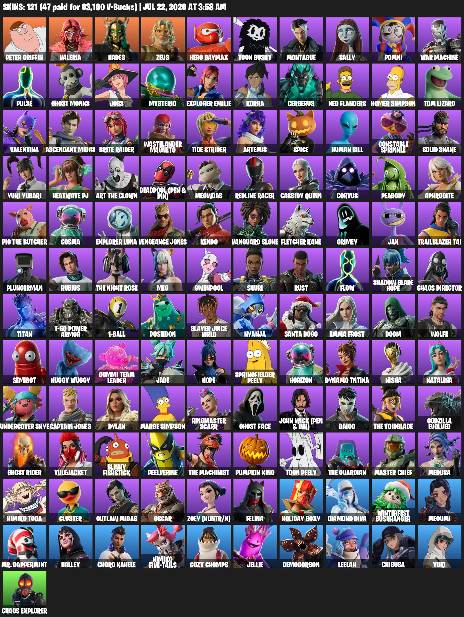 209 skins · 87 paid ≈ 106 600 V-Bucks, Sale, skins 121