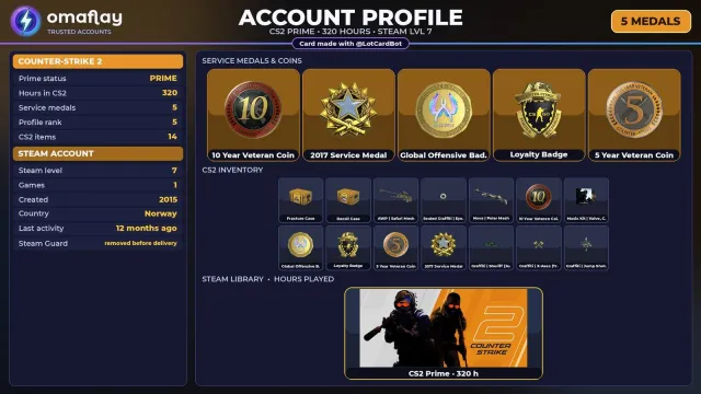 ⚡ CS2 PRIME ⚡ +5 RARE MEDALS: 10 YEARS · SERVICE 2017 · GO • 2015 · FULL ACCESS #49X64P, Sale, With inventory, Has PRIME