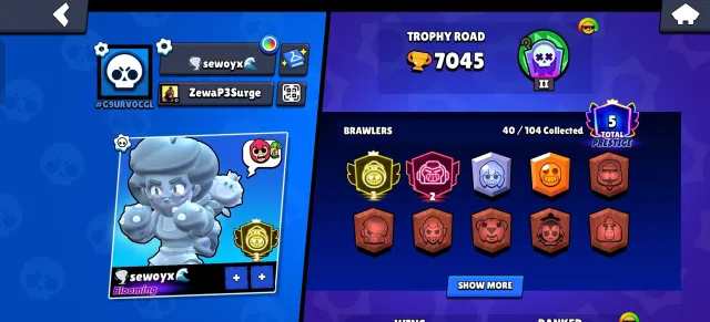 💿 ROSE 3 PRIME 🍷 VOLT 2 PRIME 😱 4 11 POWER 📀, trophies 7136, brawlers 40, primes 5