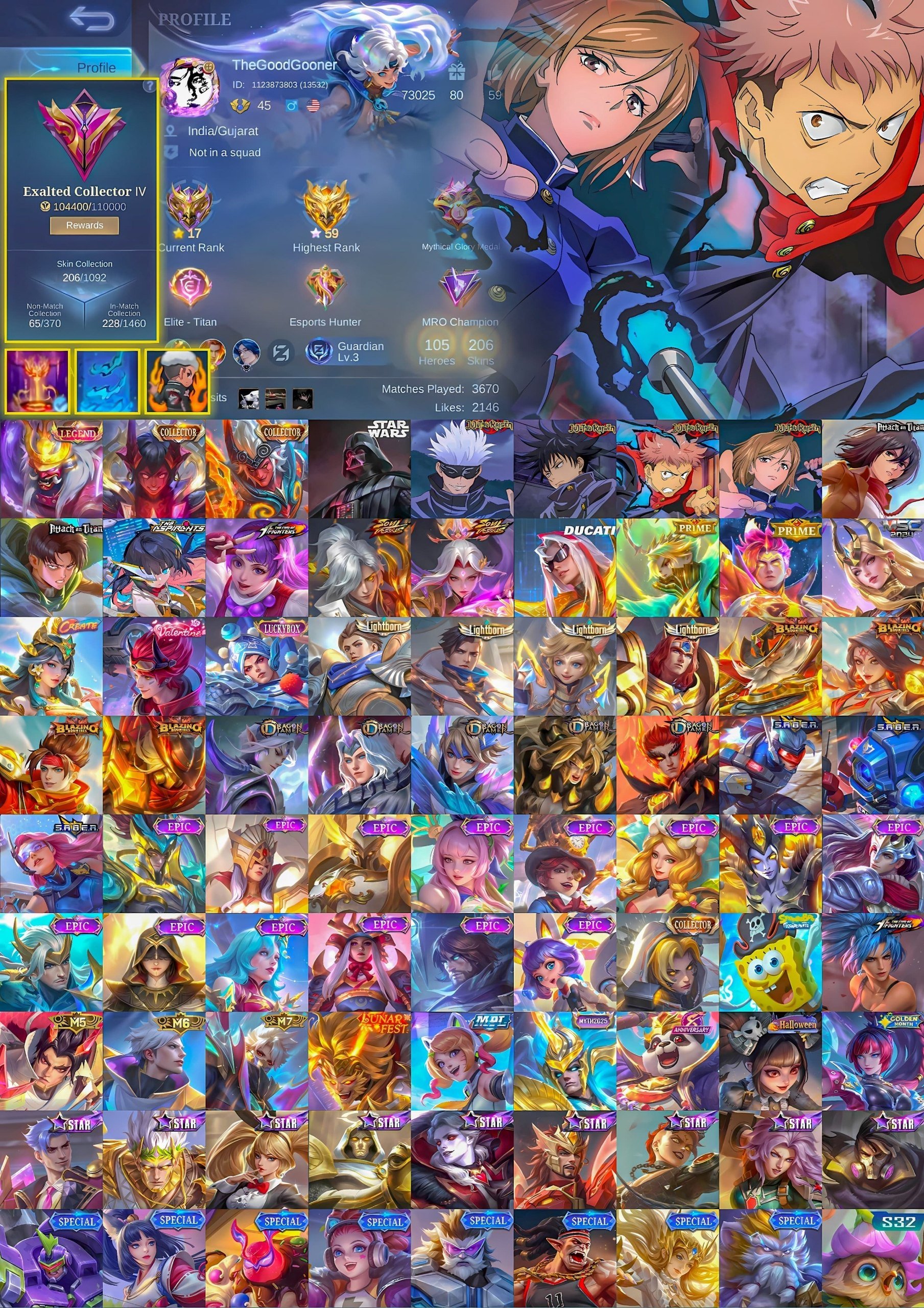 🔥 Legendary Franco, Gojo Xavier, Starwars Argus, Kugisaki Melissa, Itadori, AOT Martis, Vessel Eimon, Sale, Rank: Mythic, Level: 45, Winrate: 51%, Heroes: 105, Skins: 206