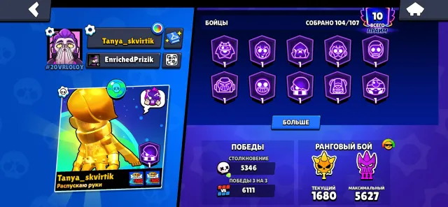 Selling personal account in Brawl Stars, 53037 trophies, 104 brawlers, 10 primes