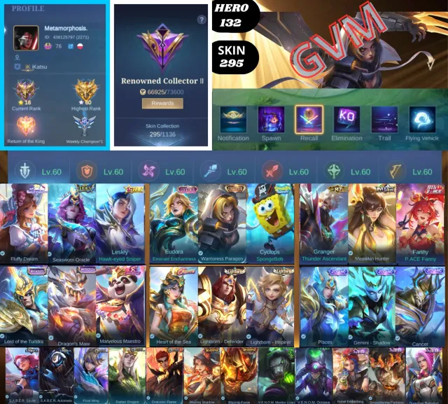 ⚡ 132 HERO • MAX EMBLEM • ПРЕМИУМ-СКИНЫ • iOS/Android • Ознакомьтесь с описанием!, Продажа, Ранг: Мифический, Уровень: 76, Процент побед: 58%, Герои: 132, Облики: 295
