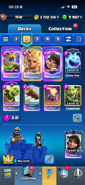Spellbait, almost all 16. 9,907 gems. 2,720,000 coins, Arena 29, Level 16, 12,000 trophies, 123 cards, No