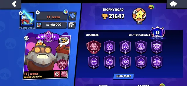 ., trophies 21647, brawlers 88, primes 15