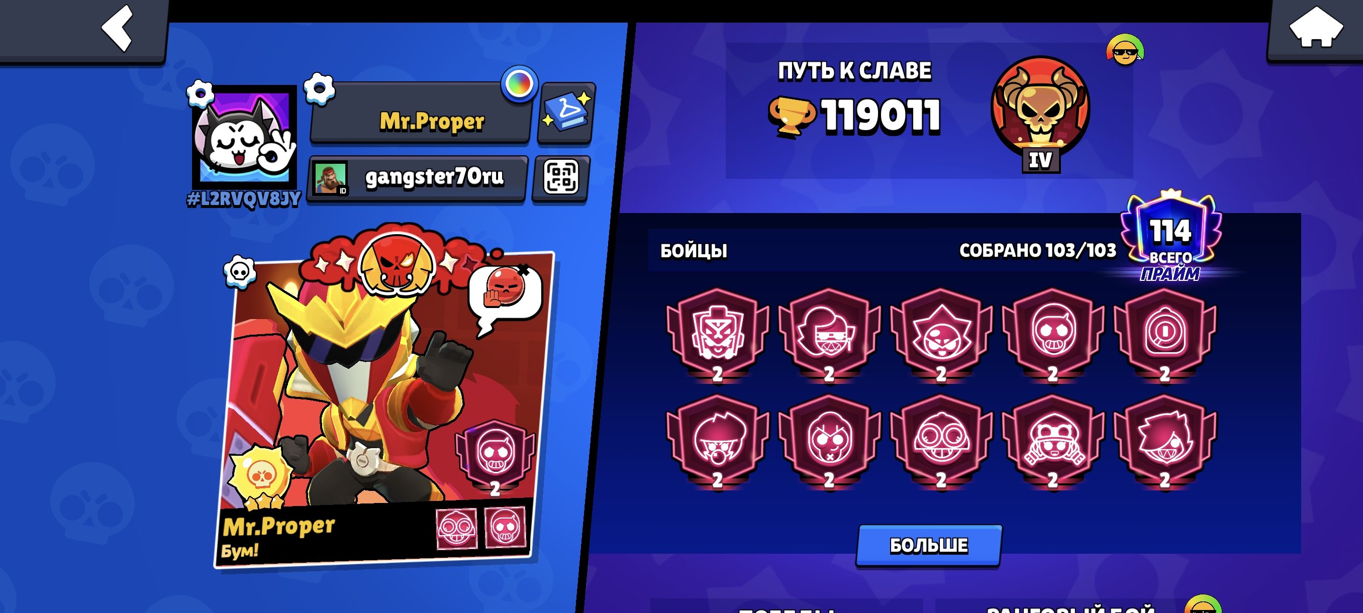 Akkaunt bs, trophies 126000, brawlers 104, primes 119
