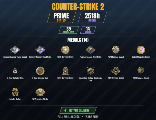 【CS2 Prime💎2500h🎯14 medals】【DOTA 2 1700+ WINS】 10-year anniversary coin, Service medal 2018, 2020, Sale, With inventory, Has PRIME
