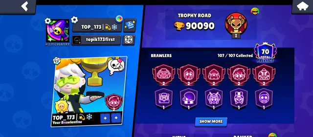 🏆90K🏆【🎫14 BRAWL PASS+🎫】👤107/108👤405 SKINS~46k💎❰CHAMPION GASS🔹72 11-x POWER❱📹VIDEO REVIEW📹, 90000 trophies, 107 brawlers, 70 primes