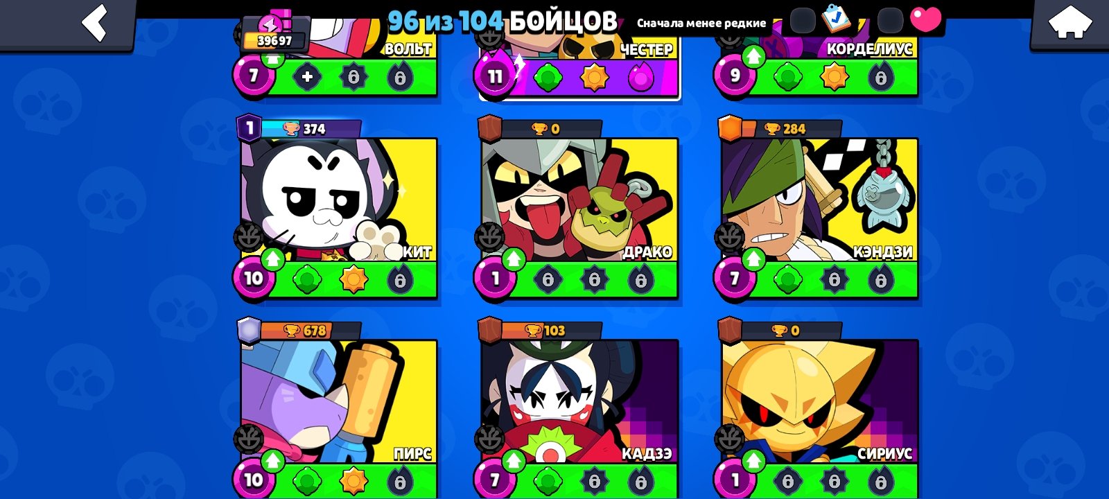 Brawl Stars account with 18 primas and almost a second prime on Chester, trophies 39697, brawlers 96, primes 18