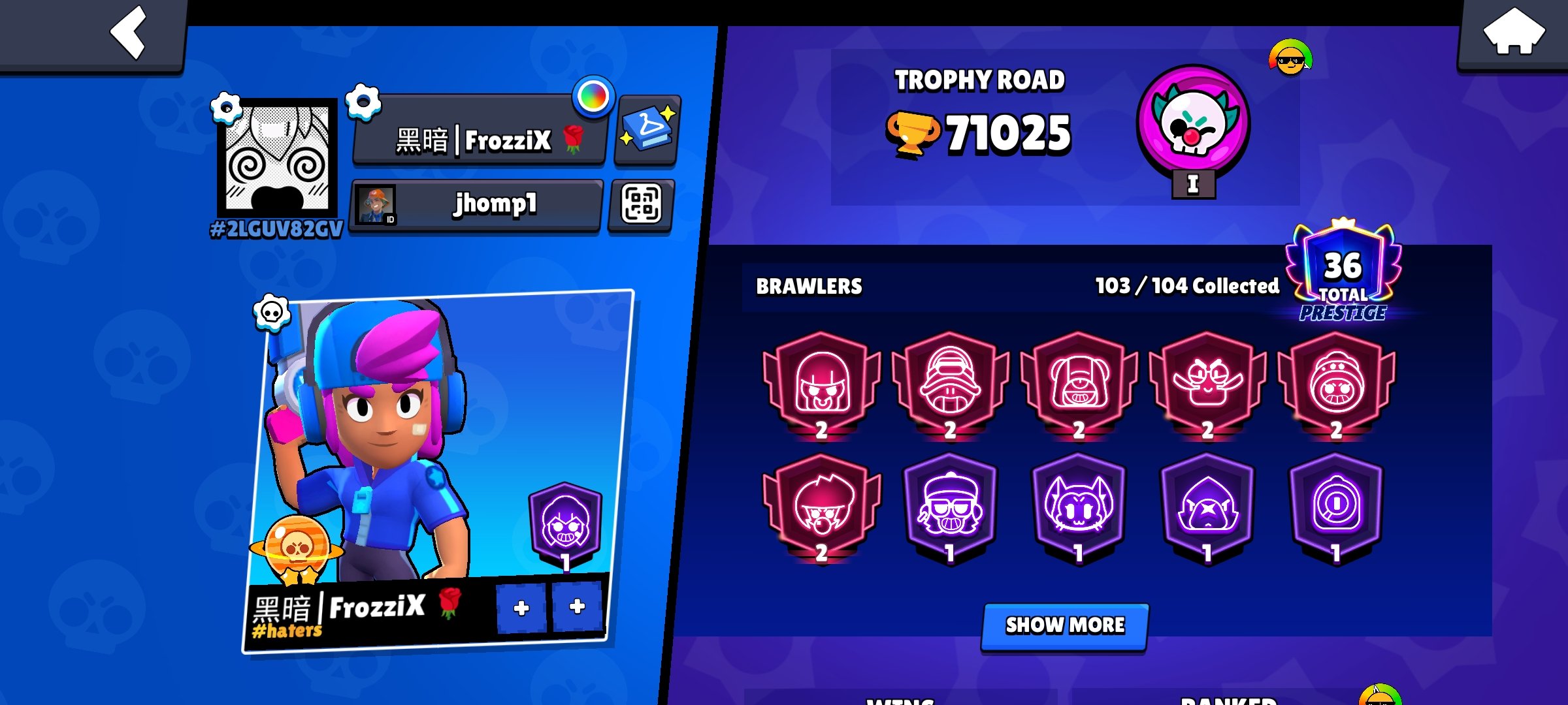 2018❤STAR SHELLY❤NINJA TARA❤GODZILLA BUZZ❤58 11 POWER❤SQUIDWORTHIES❤90 GEMS❤, trophies 71000, brawlers 103, primes 36