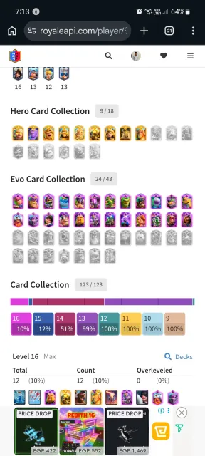8 Years Old Account - High Level - 5000+ Gems, 31 Arena, 1906 Level, 13150 Trophies, 123 Cards, 11 Legendaries, Available