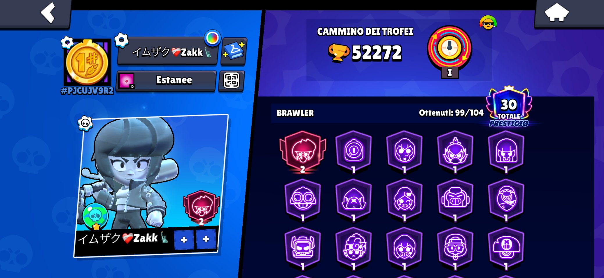 good account 30 primes 52k (-5400) gems, trophies 52000, brawlers 99, primes 30