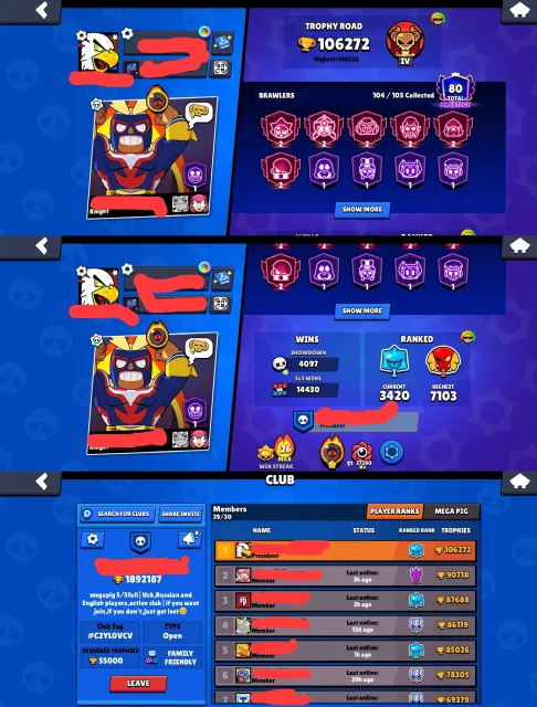 🏆𝟭𝟬𝟲𝐊🏆【🎫𝟭𝟰 BP+, 𝟭 PRO PASS🎫】👤1О4/1О5👤𝟰𝟵𝟬 SKINS~56k💎❰𝟵𝟯 11-x🔹METEORITE GLORY❱📹VIDEO REVIEW📹, trophies 106000, brawlers 104, primes 80