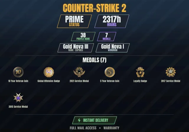 【CS2 Prime👑2300h✨7 medals】 10-year veteran coin, Service medal 2015, Service medal 2017, Sale, With inventory, Has PRIME