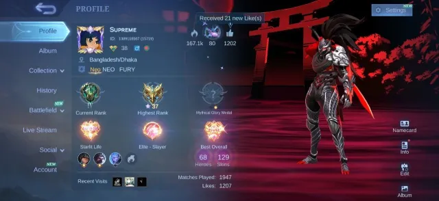 Luckybox Hayabusa⚡Star Lesley✨Fire Crown Recall💫Epic Zilong🌟Uranus💎Gara Vale⚡Nolan✨Lancelot💥, Продажа, Ранг: Епік, Уровень: 38, Процент перемог: 53%, Герої: 73, Облики: 129