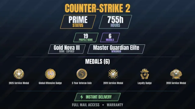 【CS2 Prime🎮755h💠6 medals】 Service Medal 2018, Service Medal 2019, Service Medal, Sale, With inventory, Has PRIME