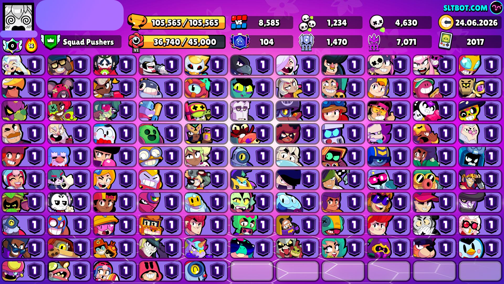 🏆105K Trophies • 104/104 Max Brawlers • ALL Hypercharges • 17 Buffies • 555+ Skins • 2017 OG Account, trophies 105000, brawlers 104, primes 104
