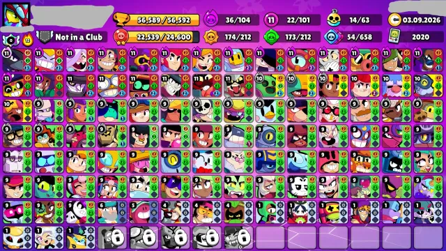 🤍56k🤍101/106🤍22 11 POWER🤍36 HYPER🤍222 SKINS🤍12 TITLES🤍14 BUFFS🤍, 56000 trophies, 101 brawlers