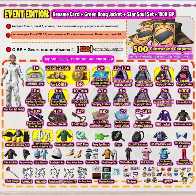 PUBG Steam | 500 Coupons | 2,160–2,560 G-Coin | 100K BP | aespa x13–17 | Star Soul Set #9, Нет BATTLEGROUNDS Plus