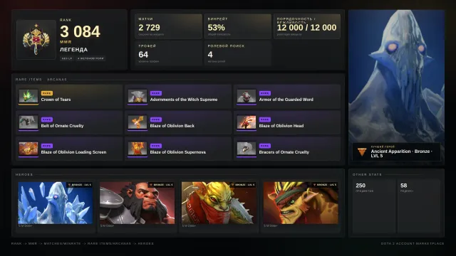 ⛩️💜Legende 1 | 3084 MMR | 12000 Anstand | Trophäe 64💜⛩️Wenge und Schamane für 10 k + Rubel, Sets💜⛩️, Verkauf, 3090 MMR, 12000 Anstand, 12000 Höflichkeit, 2729 Spiele, 3100 Stunden