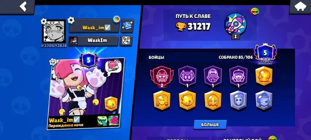 Personal | Auto-issue | 9 leg | 119 gems | Amber, Gray, Volt, Colt, Mike - legendary skins., 31217 trophies, 85 brawlers