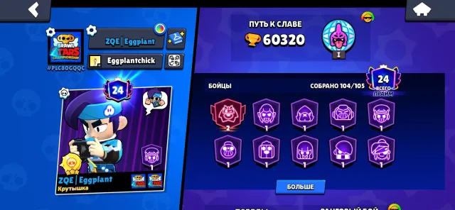 1 double prime, many skins, two World Cup skins, 60320 trophies, 104 brawlers, 24 primes