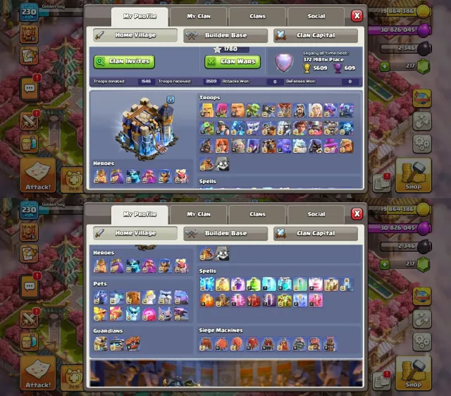 TH18➤Horse Set➤Cyber Set➤Dark Set➤6 Heroes Max➤11 Epics Max➤46 Skins➤5 Sceneries➤Walls Max, 18 TH Родной Деревни, 10 TH Строителя