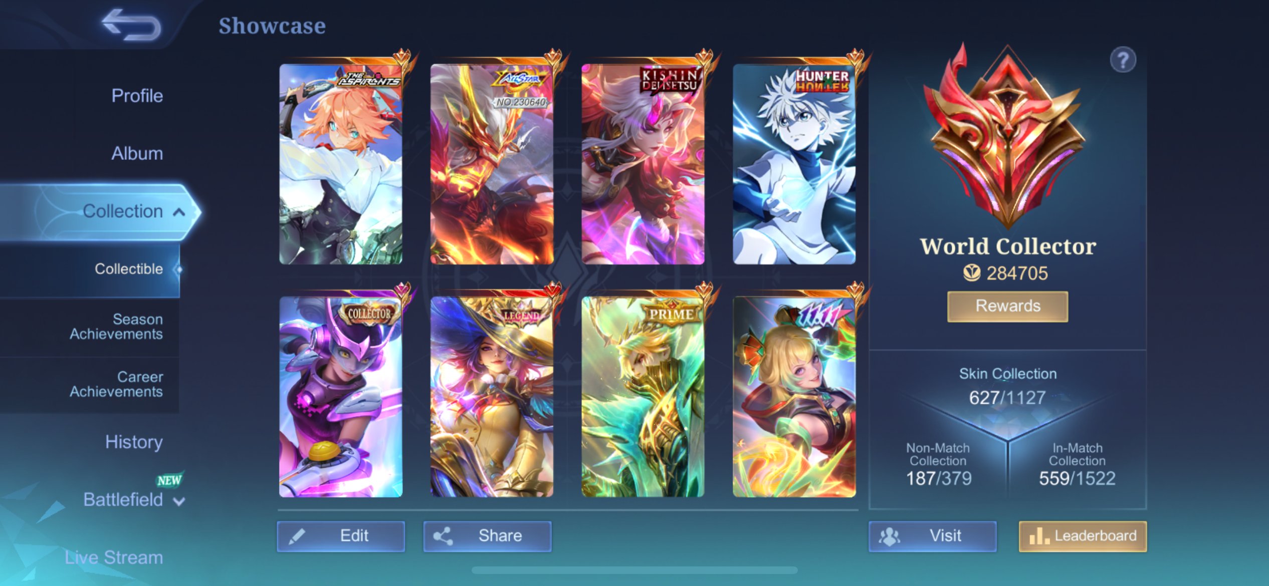WORLD ACC FOR ADC AND FOREST HARIT KILLUA ALLSTAR MOSCOW KISHIN LEGEND COLL 11 11 KUNGFU, Sale, Rank: Mythic, Level: 207, Winrate: 52%, Heroes: 133, Skins: 627
