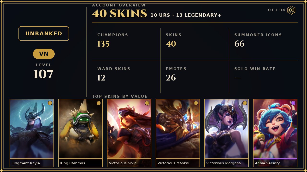 🌸40 skins + 135 champions🎀4457 BE🎀Judgment Kayle🎀King Rammus🎀Victorious Sivir🎀Victorious Morgana, Sale, champions 135, skins 40, Unranked