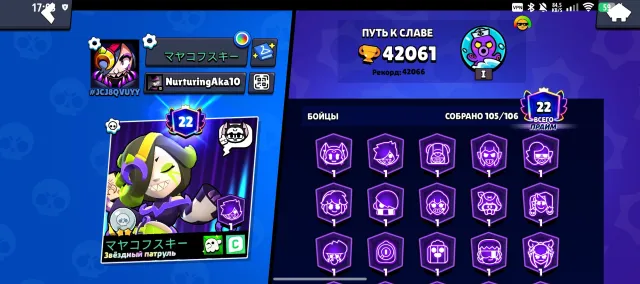 Top account in Brawl with 294 skins, 42000 trophies, 105 brawlers, 22 primes