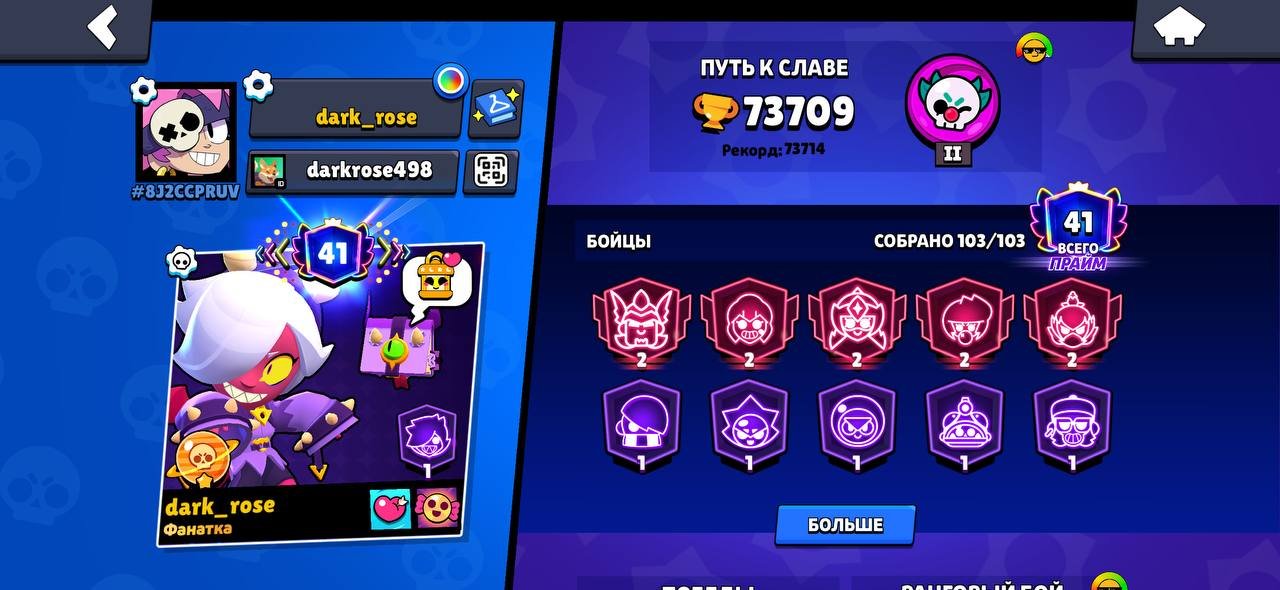 🏆BS 73K + 2019 〽️12MIF+8LEG〽️ + GIVE BY MAIL WITHOUT ADDITIONAL PROTECTION🏆33 11 FORCES👅41 PRIME⭐, trophies 73709, brawlers 103, primes 41
