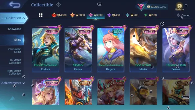 #MG239 LEGEND Lunox; Candidates Angela, Leslie, Layla, Ruby; KOF Karina; 5 Luckybox, Sale, Rank: Legend, Level: 54, Win rate: 56%, Heroes: 110, Skins: 308