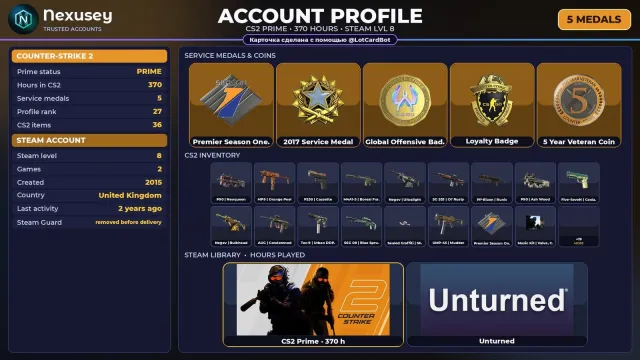 🚀 ⟦ CS2 PRIME ⟧ +5 RARE MEDALS: PREMIER S1 · SERVICE 2017 · GO ✦ 2015 ✦ FULL ACCESS ✨ #4E6T7P, Sale, With inventory, Has PRIME