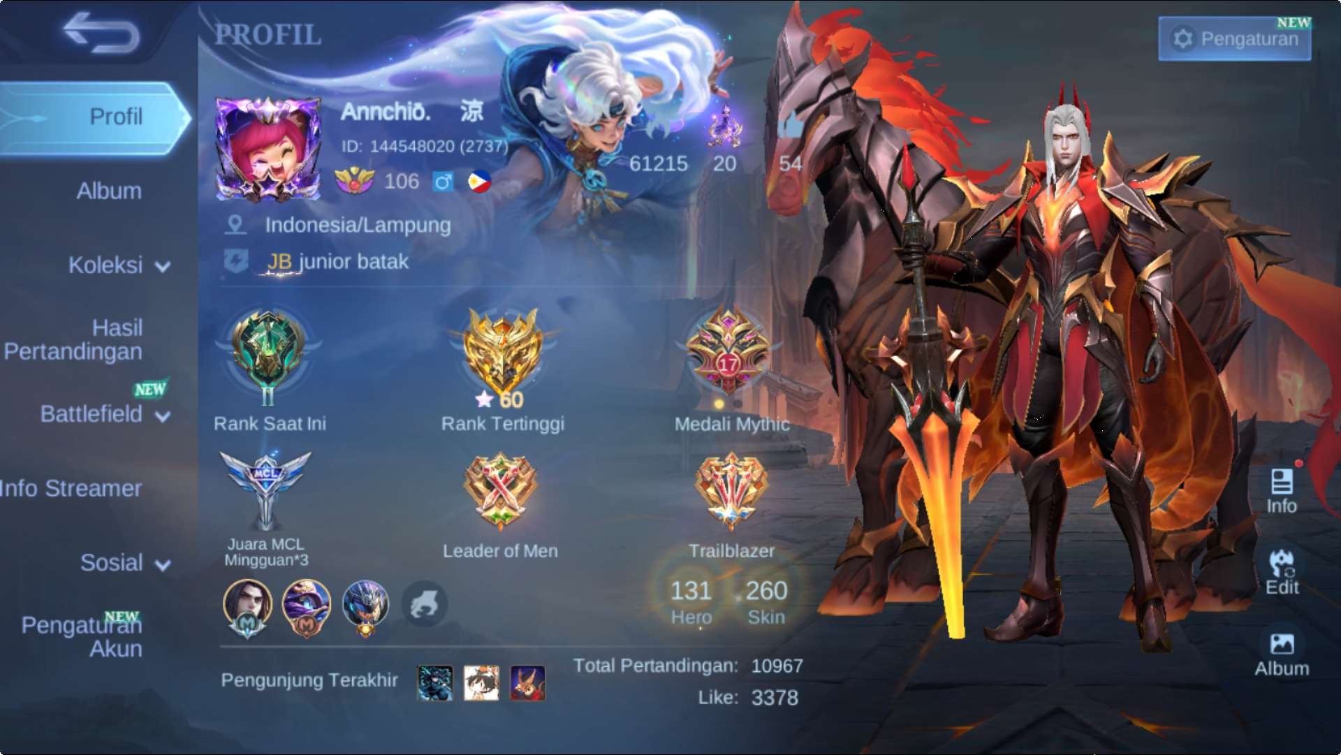 Global|Hero 131|Skin 260|KOF Karina|5STAR Hayabusa|LucBox Leomord,Kimmy,Hanaby Check SS ML991B, Sale, Rank: Epic, Level: 106, Winrate: 52%, Heroes: 131, Skins: 260