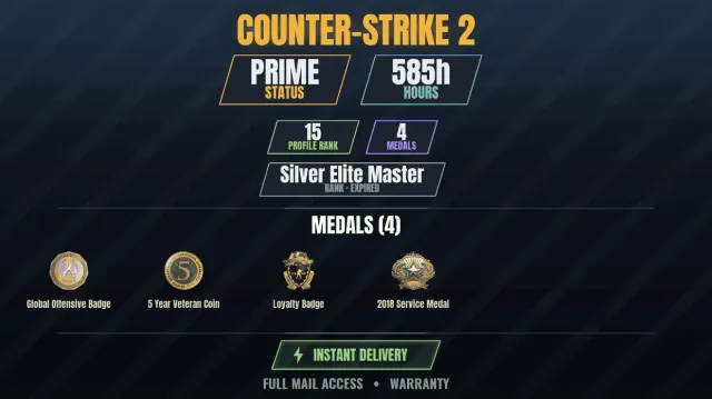 【CS2 Prime🎯585h👑4 medals】 Service Medal 2018, Loyalty Badge, 5 Year Veteran Coin, Global, Sale, With inventory, Has PRIME