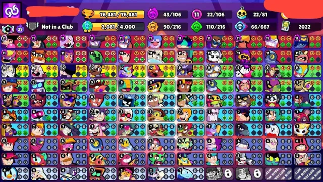 🏆76K 👾106/107⭐22 11 POWER📅JANET TRICKY🚀⚡🌟👕55 PRIMES🤖AUTOMATIC DELIVERY, 76000 trophies, 106 brawlers, 55 primes