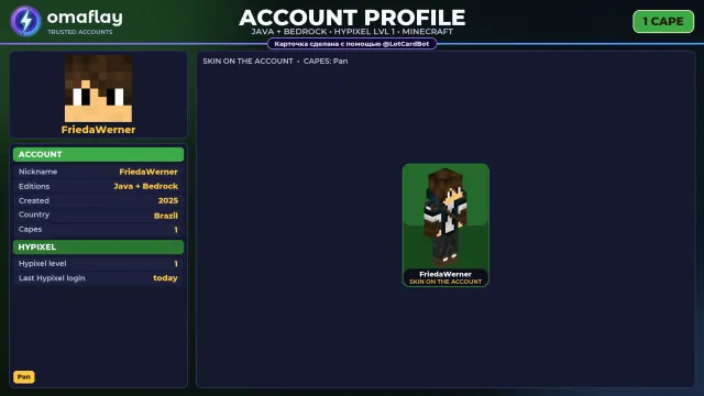 ⚡ 【MINECRAFT】 💎 JAVA + BEDROCK | 1 CLOAK: Pan 💎 FULL ACCESS | NO BAN HYPIXEL (1 LVL) #4EVAH9, Sale, All account data