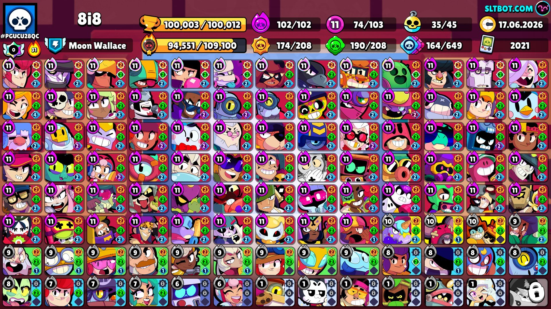 PERSONAL ACCOUNT IN 2021, 100K🏆 👇, trophies 100000, brawlers 102, primes 69