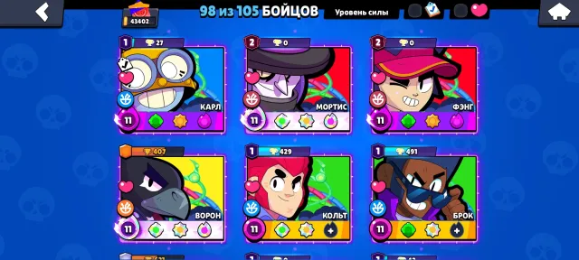 🏆43402 TROPHIES🏆👤98 out of 105👤🎈DUSTY NITA🎈9 LEG🔴13-11 POWER🟢🎀222 SKINS🎀, trophies 43402, brawlers 98, primes 19