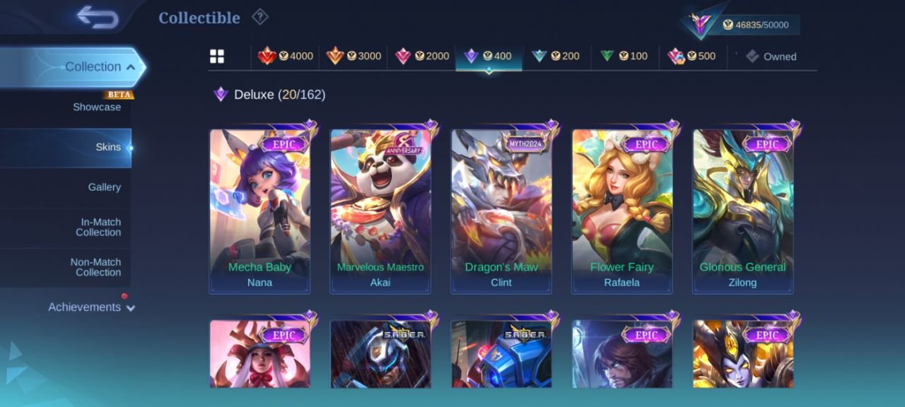 KOF Guinevere Karina collector Badang LUCKYBOX oddett deluxe 20 EPIC Freya lunox Gaara Vale, Sale, Rank: Mythic, Level: 57, Winrate: 55%, Heroes: 109, Skins: 200