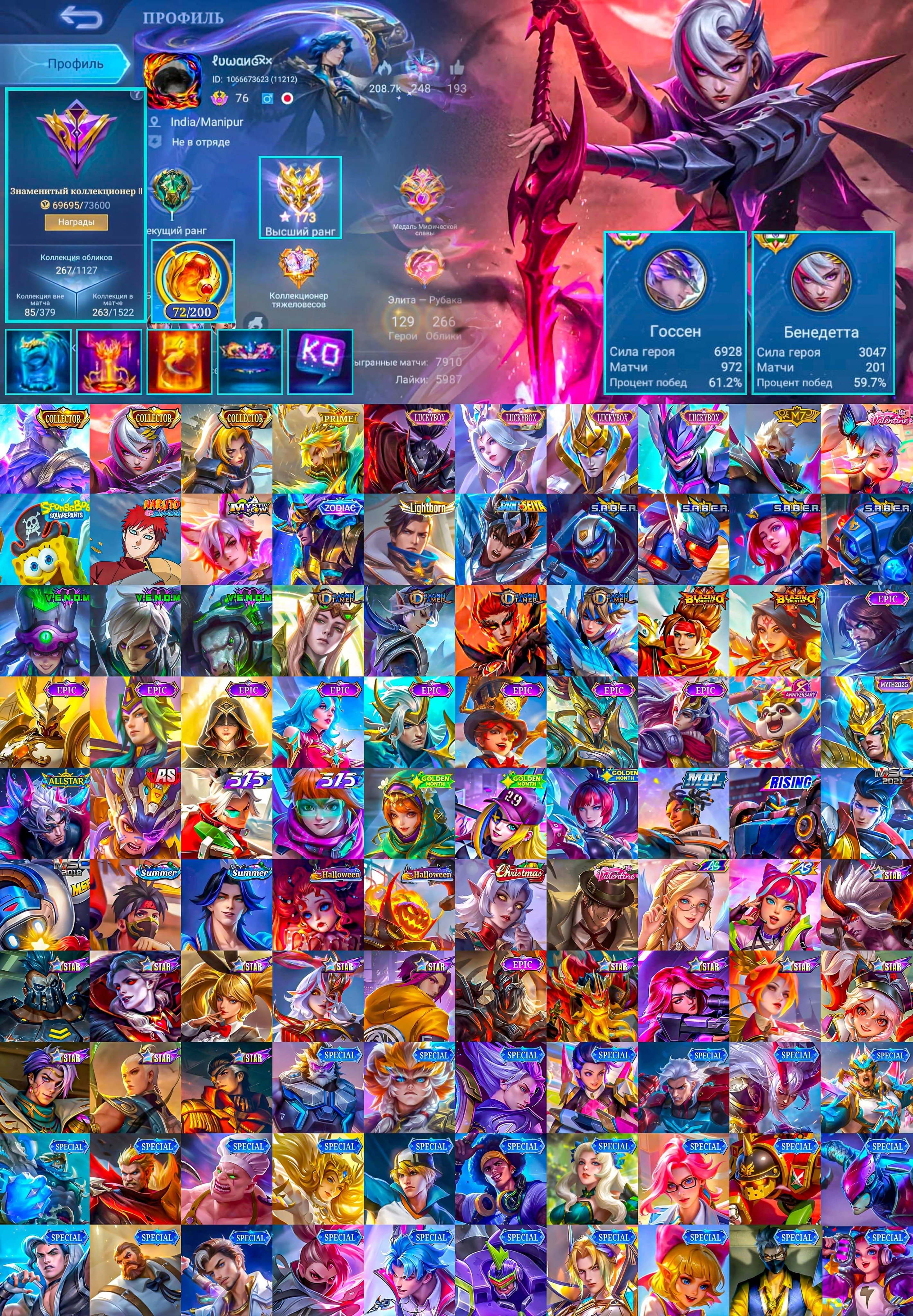 Collector Gusion Benedetta, Prime Granger, Luckybox Selena Hayabusa Karrie, Good WR, PH 🔥, Sale, Rank: Mythical Immortal, Level: 106, Winrate: 53%, Heroes: 129, Skins: 266